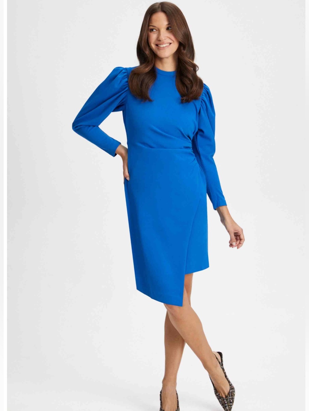 Royal Blue Long-Sleeve Puff Shoulder Sheath Dress